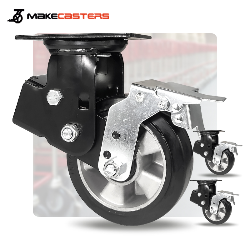 Heavy Duty Casters 6 Inch Plate High Quality Caster Wheel With Brakes Industrial Shock Absorbing Black Rubber retractable caster